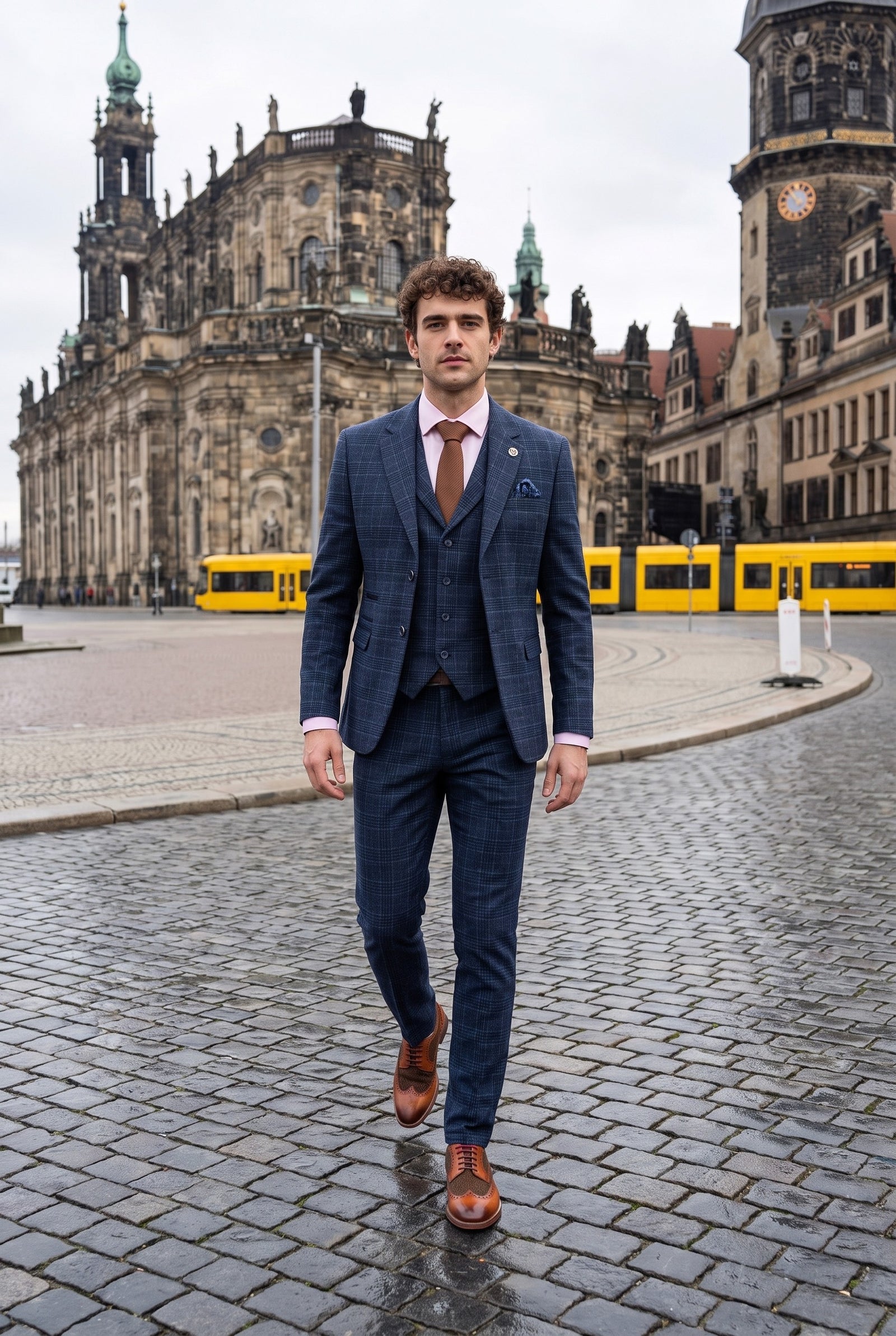 Look #981 styled with Miesten sininen ruudullinen kolmiosainen puku