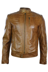 Aitoa nahkaa, musta vetoketjullinen, vartalonmyötäinen miesten biker-takki, retro, vintage, tyylikäs rento malli - ruskea