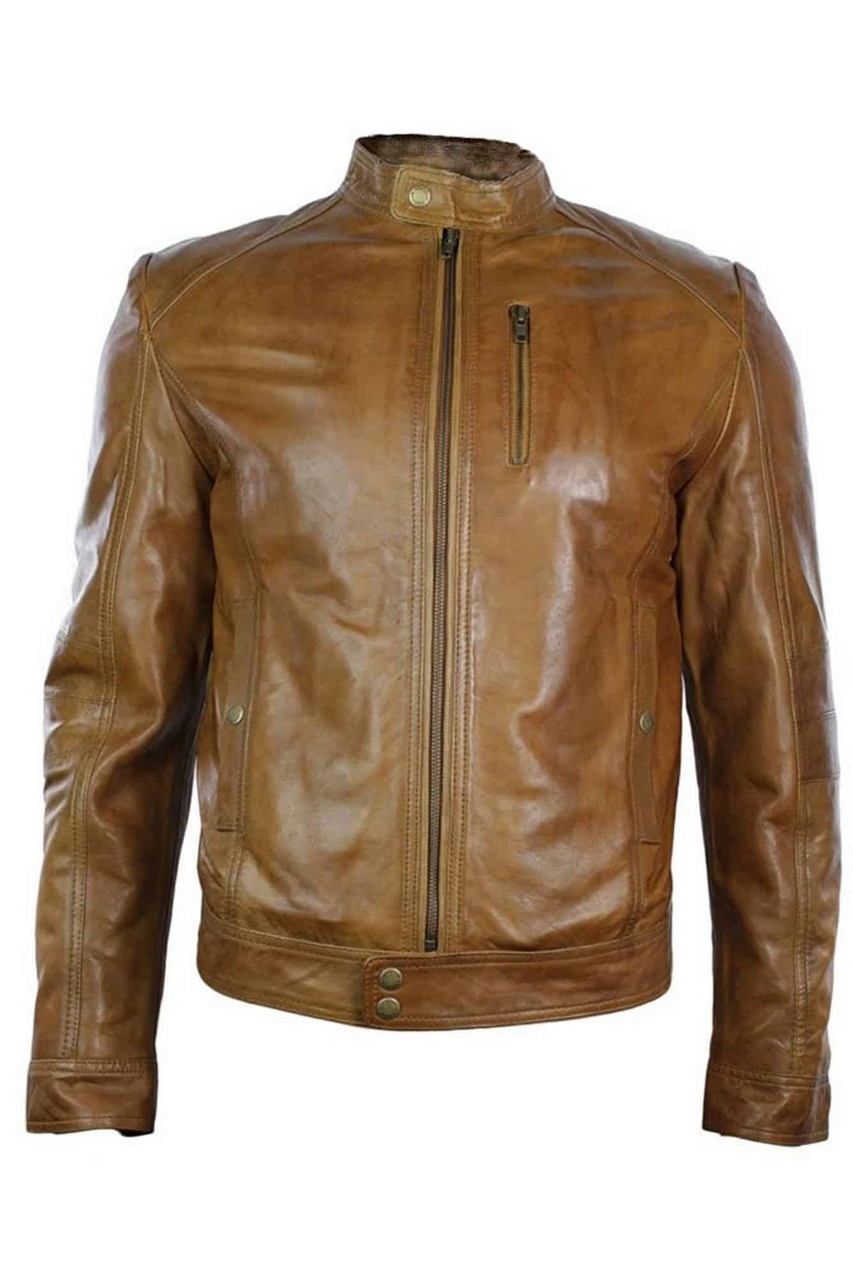 Aitoa nahkaa, musta vetoketjullinen, vartalonmyötäinen miesten biker-takki, retro, vintage, tyylikäs rento malli - ruskea