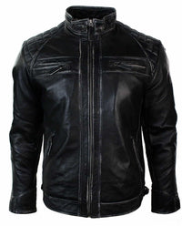 Aitoa nahkaa, retrotyylinen vetoketjullinen miesten biker-takki, pehmeä musta, vintage-look