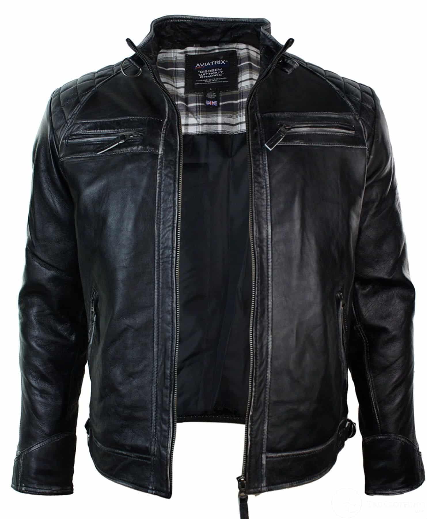 Aitoa nahkaa, retrotyylinen vetoketjullinen miesten biker-takki, pehmeä musta, vintage-look