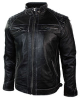 Aitoa nahkaa, retrotyylinen vetoketjullinen miesten biker-takki, pehmeä musta, vintage-look