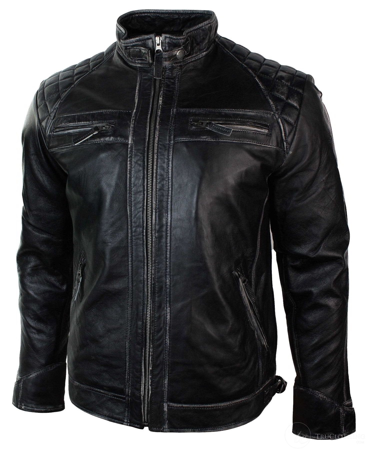 Aitoa nahkaa, retrotyylinen vetoketjullinen miesten biker-takki, pehmeä musta, vintage-look