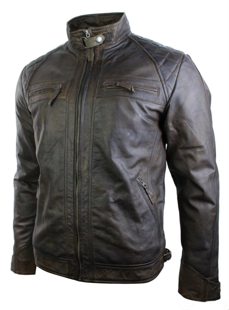 Aitoa nahkaa, retrotyylinen vetoketjullinen miesten biker-takki, pehmeä ruskea, vintage-look