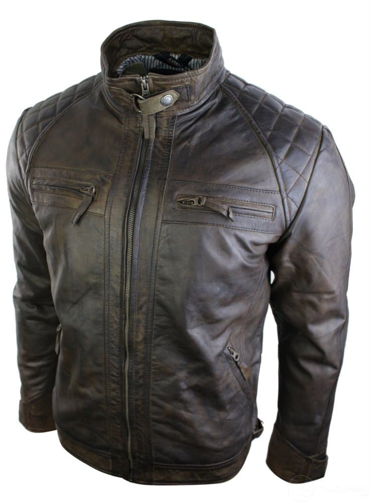 Aitoa nahkaa, retrotyylinen vetoketjullinen miesten biker-takki, pehmeä ruskea, vintage-look