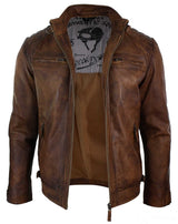 Aitoa nahkaa, retrotyylinen vetoketjullinen miesten biker-takki, pehmeää puuta, vintage-look