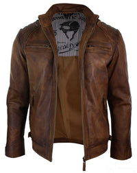 Aitoa nahkaa, retrotyylinen vetoketjullinen miesten biker-takki, pehmeää puuta, vintage-look