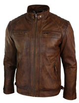 Aitoa nahkaa, retrotyylinen vetoketjullinen miesten biker-takki, pehmeää puuta, vintage-look