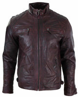 Aitoa nahkaa, retrotyylinen vetoketjullinen miesten biker-takki, pehmeä viininpunainen, vintage-look