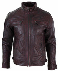 Aitoa nahkaa, retrotyylinen vetoketjullinen miesten biker-takki, pehmeä viininpunainen, vintage-look