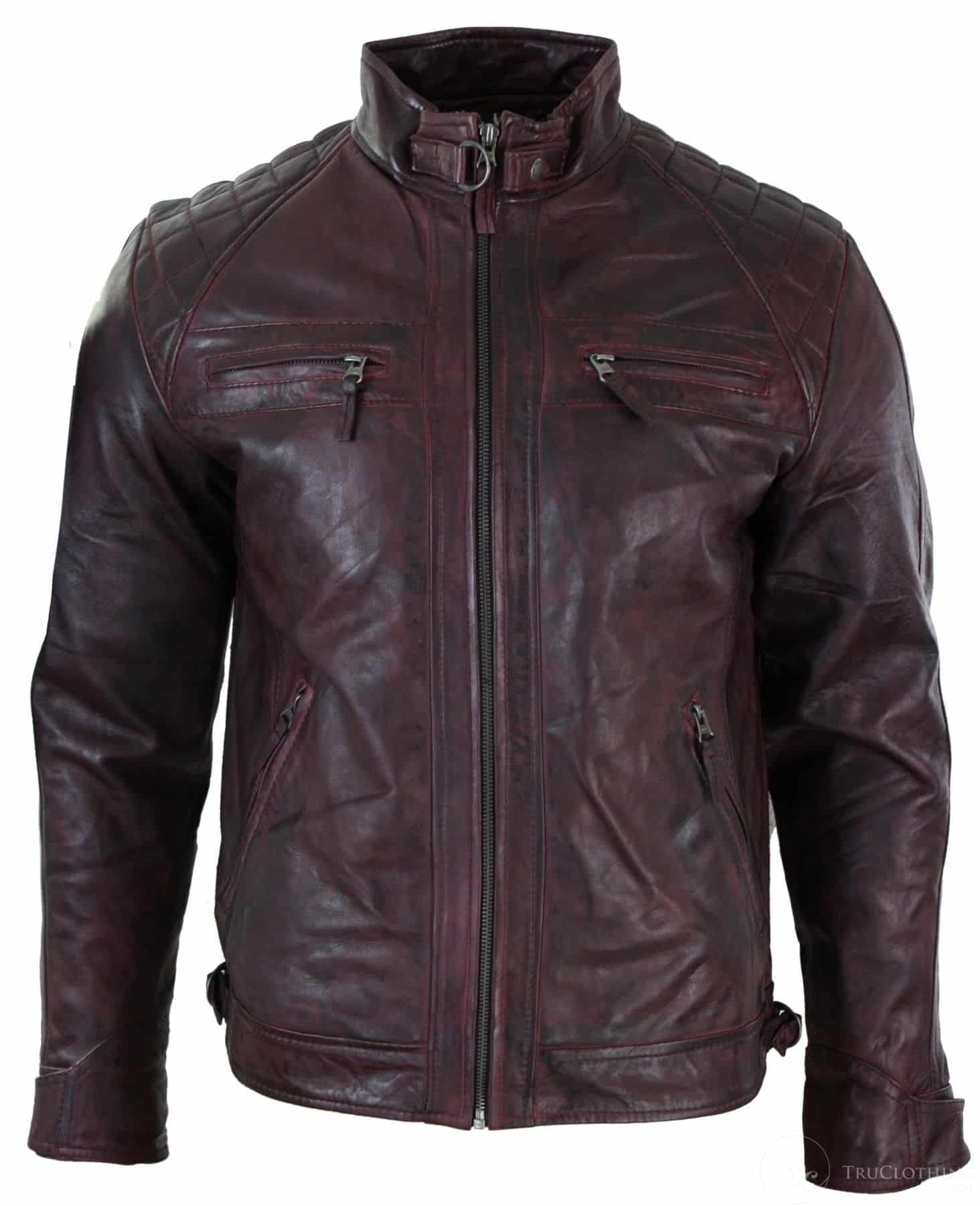 Aitoa nahkaa, retrotyylinen vetoketjullinen miesten biker-takki, pehmeä viininpunainen, vintage-look
