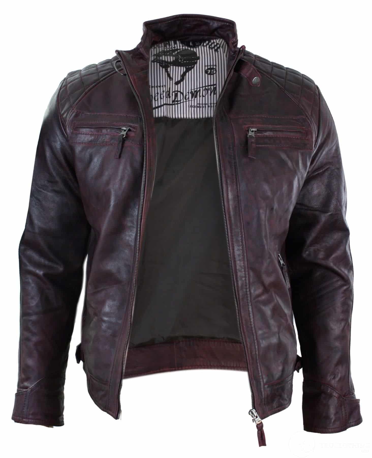Aitoa nahkaa, retrotyylinen vetoketjullinen miesten biker-takki, pehmeä viininpunainen, vintage-look
