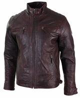 Aitoa nahkaa, retrotyylinen vetoketjullinen miesten biker-takki, pehmeä viininpunainen, vintage-look