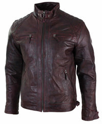 Aitoa nahkaa, retrotyylinen vetoketjullinen miesten biker-takki, pehmeä viininpunainen, vintage-look