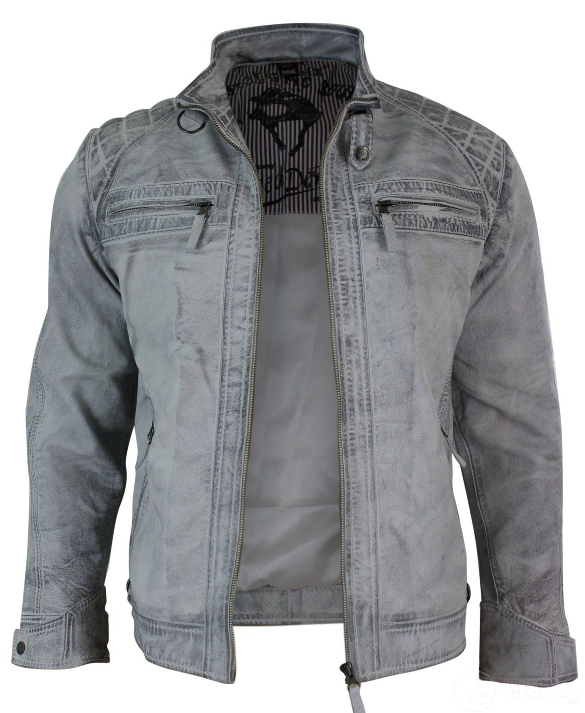 Aitoa nahkaa, retrotyylinen vetoketjullinen biker-takki miehille, pehmeä valkoinen, vintage-look