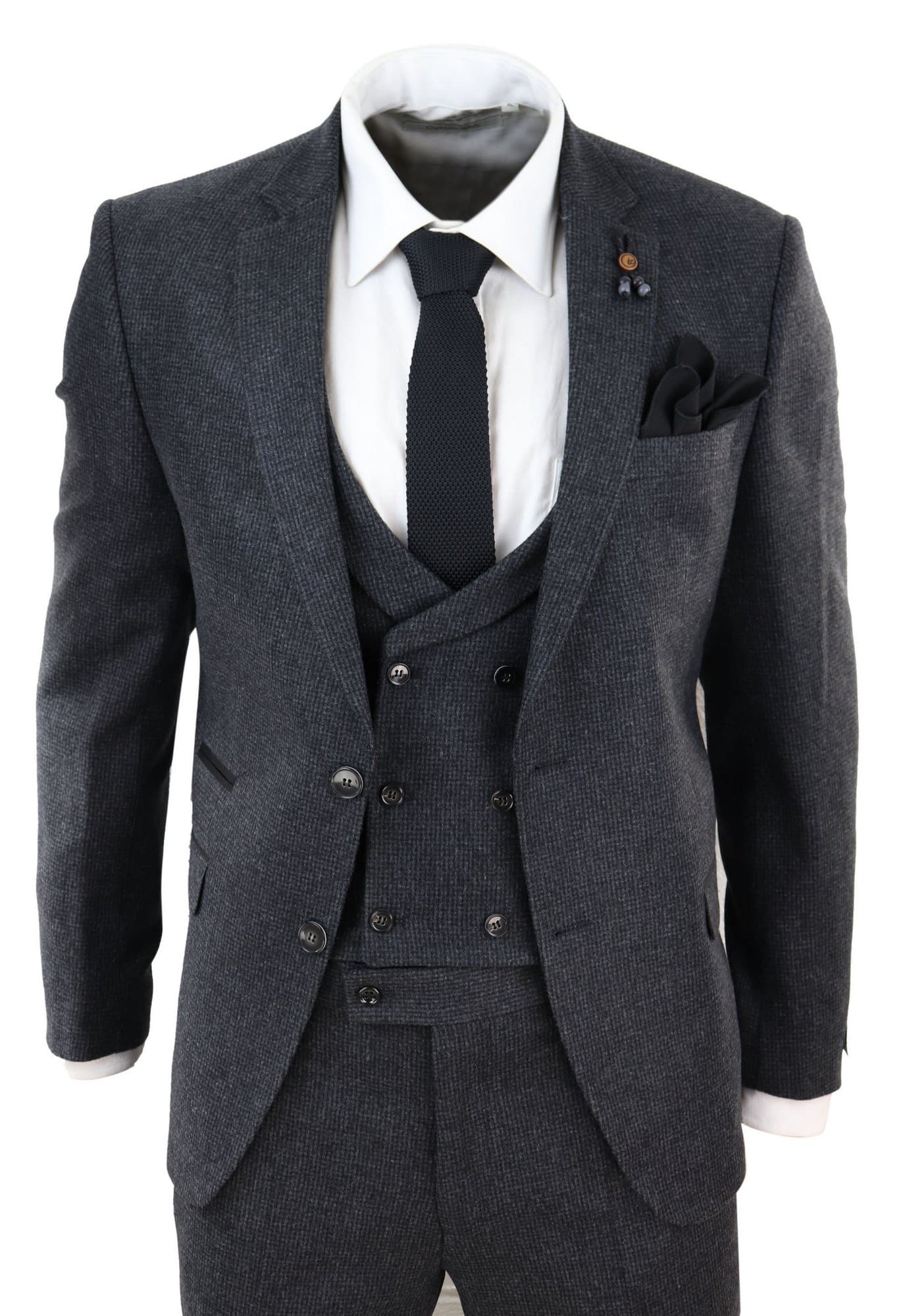 Tummanharmaa tweed-puku, kolmiosainen