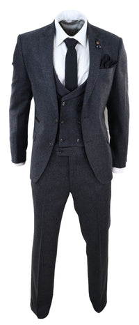 Tummanharmaa tweed-puku, kolmiosainen