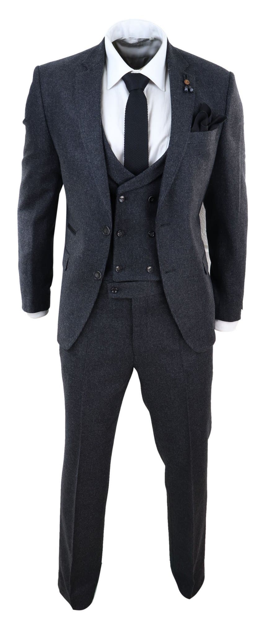 Tummanharmaa tweed-puku, kolmiosainen