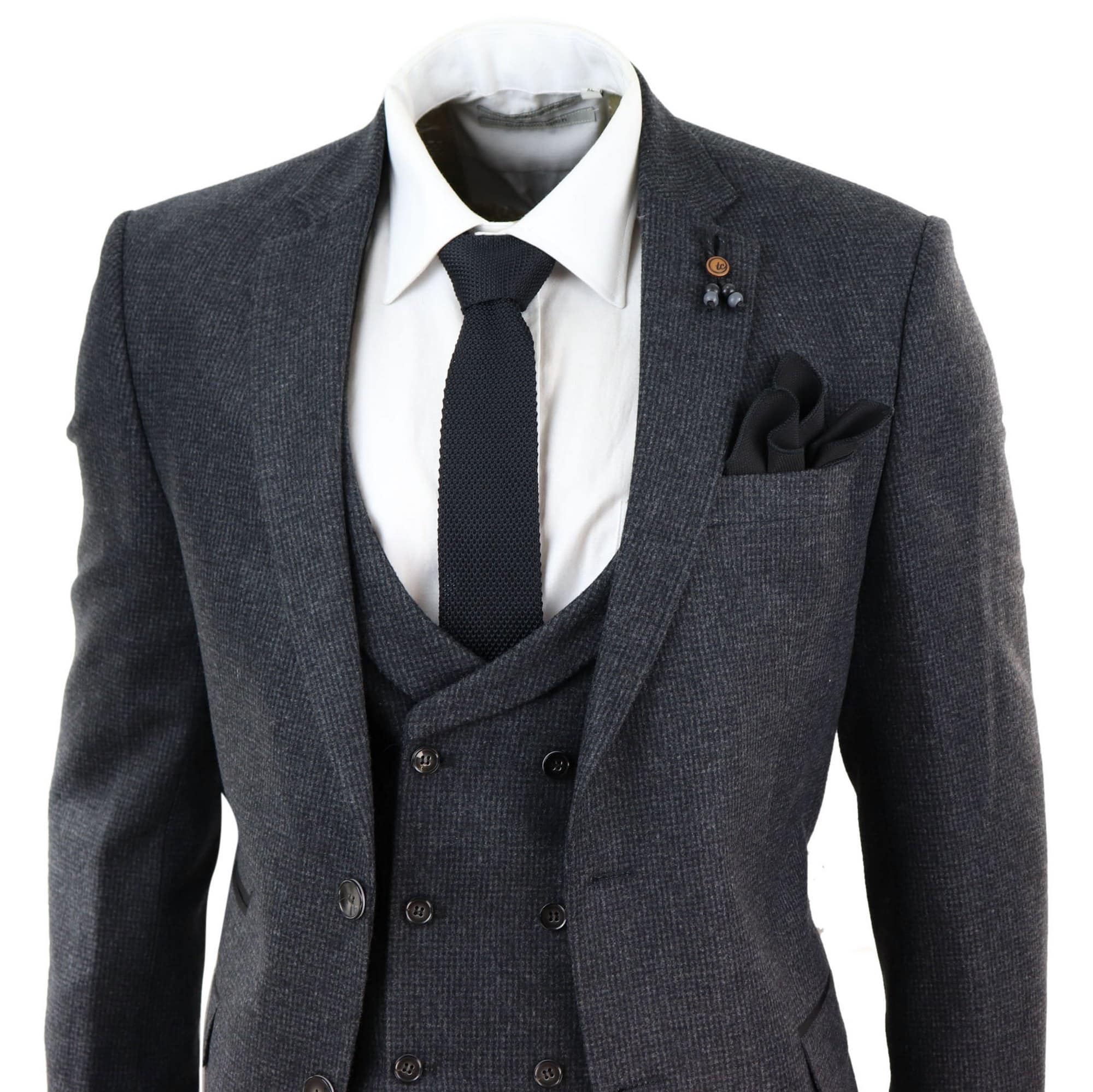 Tummanharmaa tweed-puku, kolmiosainen