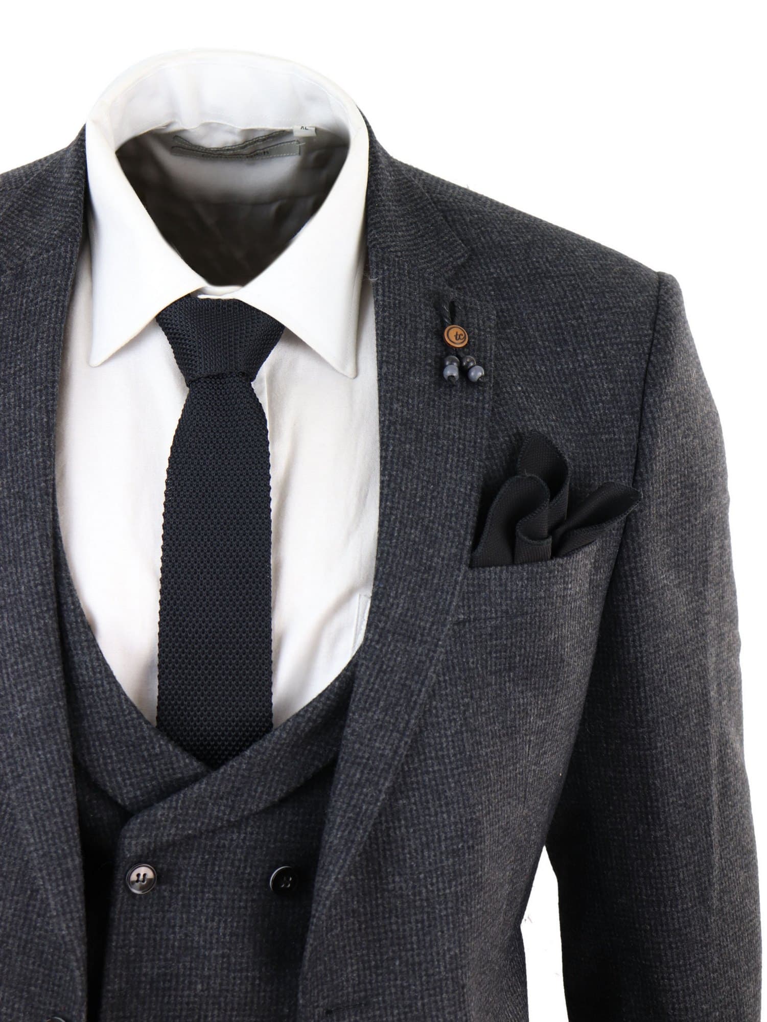 Tummanharmaa tweed-puku, kolmiosainen