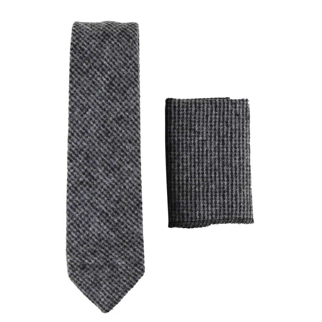 281 - Miesten harmaa kalanruotokuvioinen tweed-villasolmio ja nenäliina 5 cm
