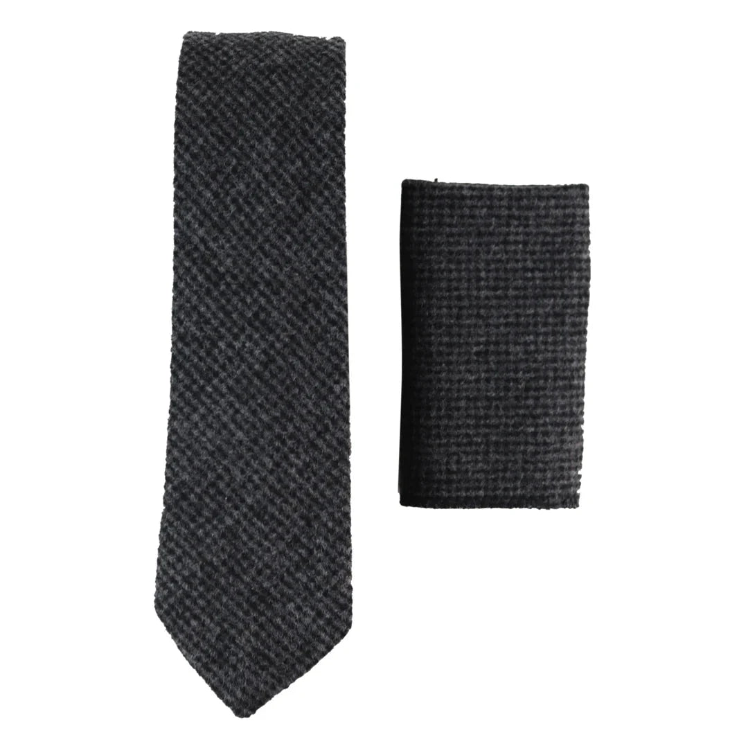 281 - Miesten hiilenharmaa kalanruotokuvioinen tweed-villasolmio ja nenäliina 2"
