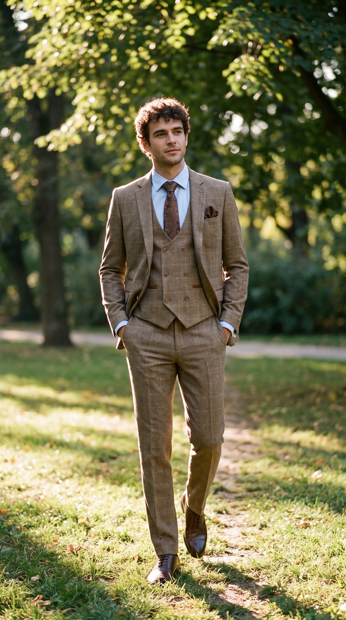 Look #343 styled with Miesten kolmiosainen kalanruotokuvioinen tweedpuku, ruskeanruskea ruutukuvio, räätälöity istuvuus, kaksinkertainen klassinen puku