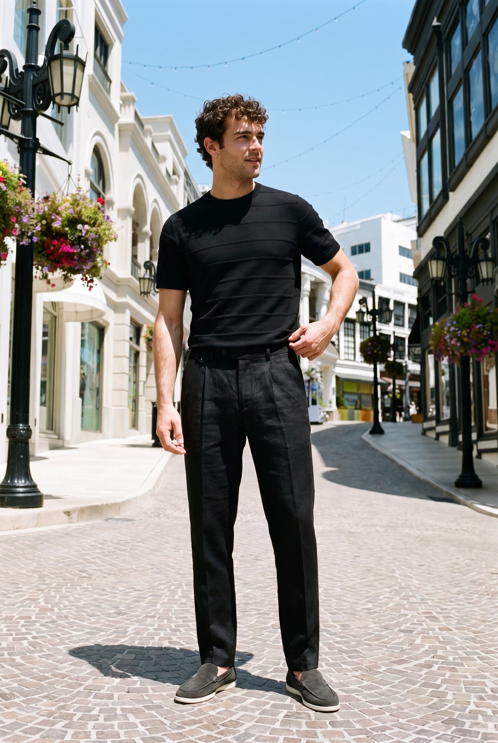Look #876 styled with Miesten mustat 100% pellavaiset laskostetut kiristysnyörilliset housut, rennot, suorat ja mukavat