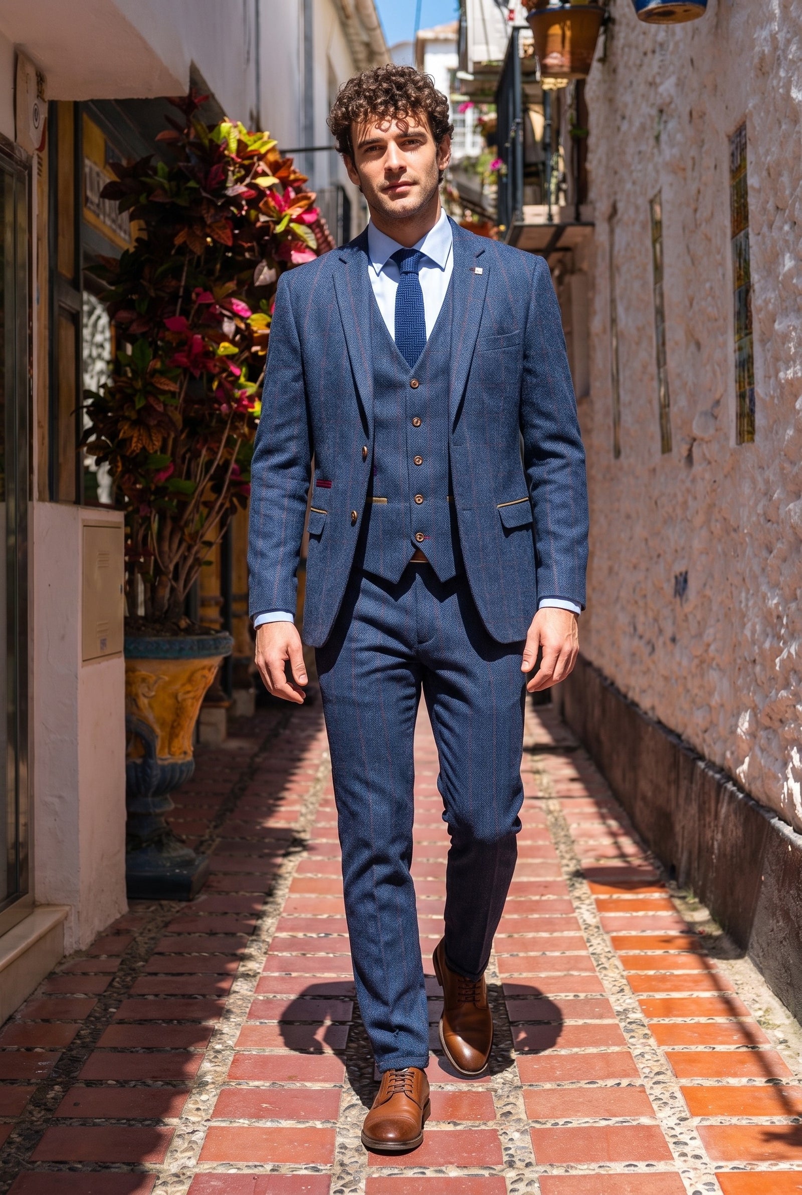 Look #986 styled with Scott miesten sininen kolmiosainen tweed-ruutupuku