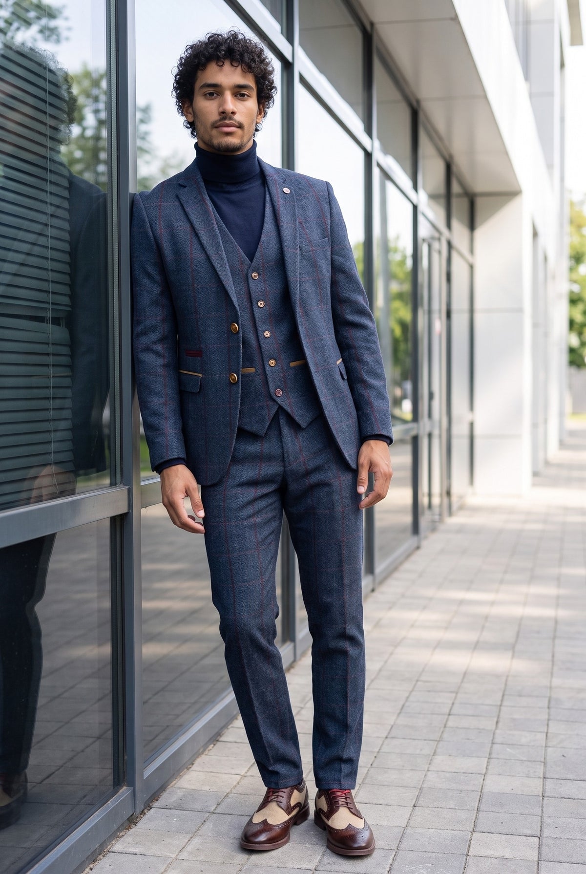 Look #646 styled with Miesten kolmiosainen kalanruotokuvioinen tweedpuku, tummansininen, punainen, ruutukuvioinen, vintage 1920-luvun mittatilaustyönä tehty istuvuus