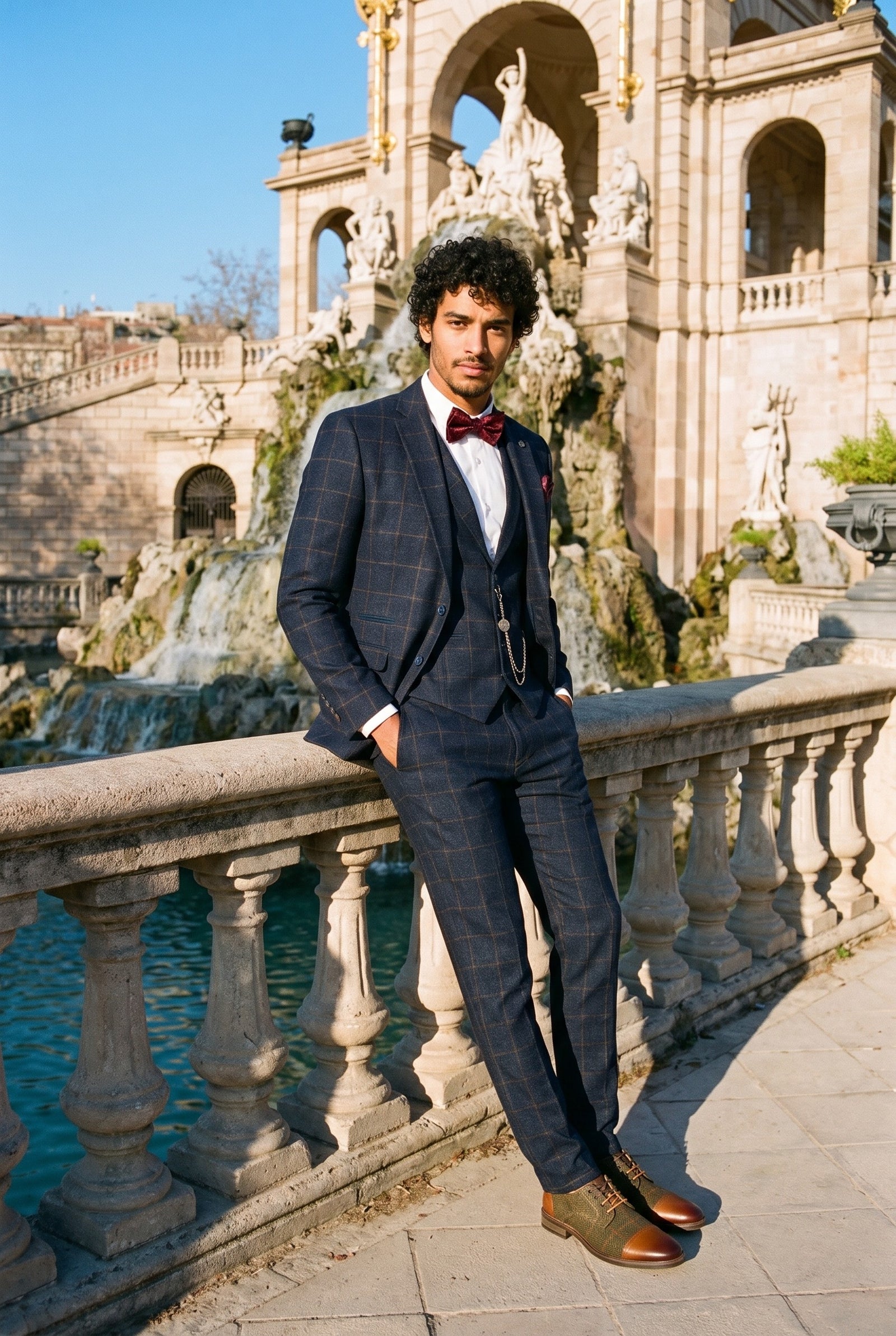 Look #728 styled with Miesten kolmiosainen villainen tweedpuku tummansininen ruskea ruutukuvio 1920-luvun Gatsby