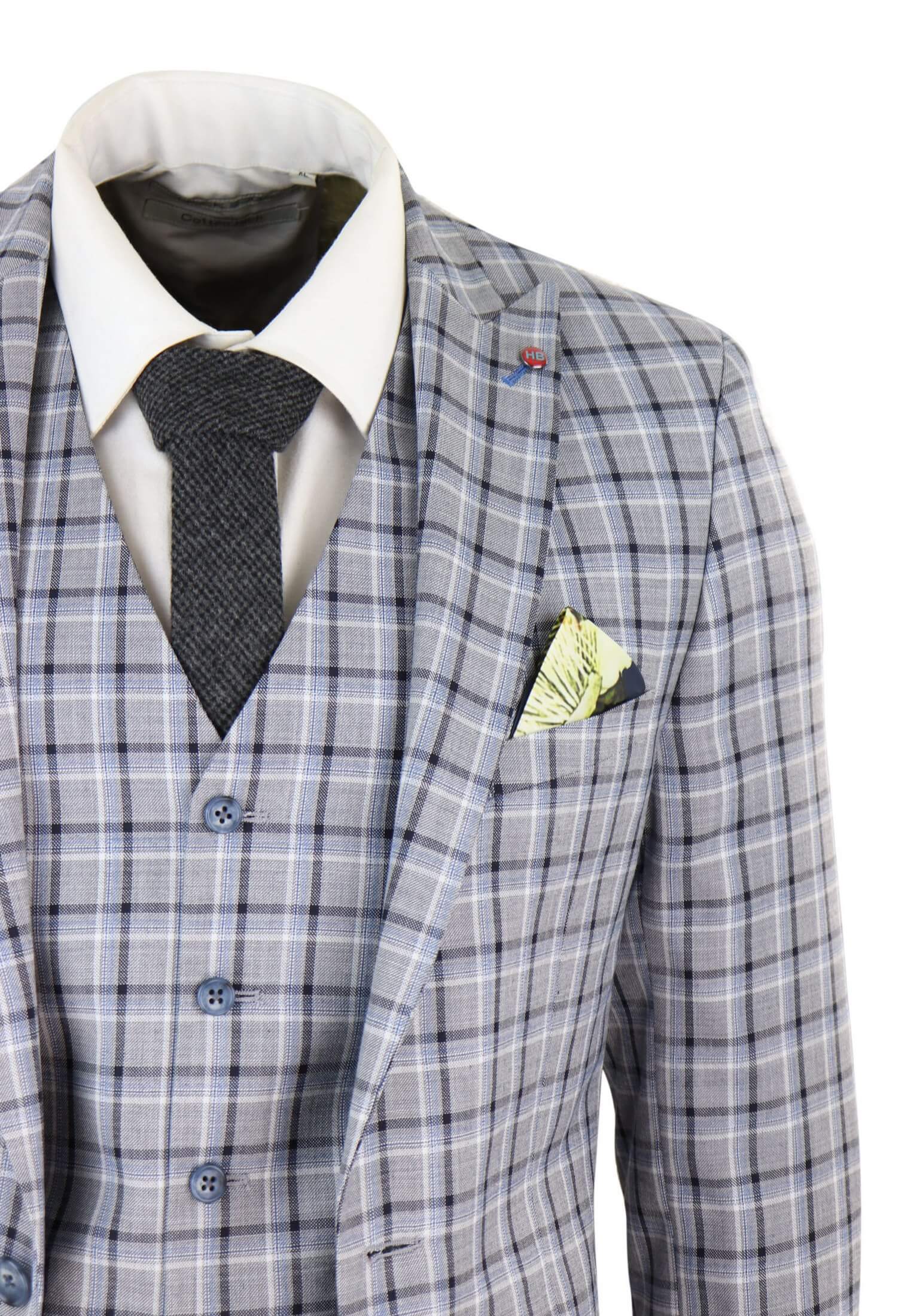Miesten harmaa Pince of Whalesin ruutukuvioinen kolmiosainen puku
