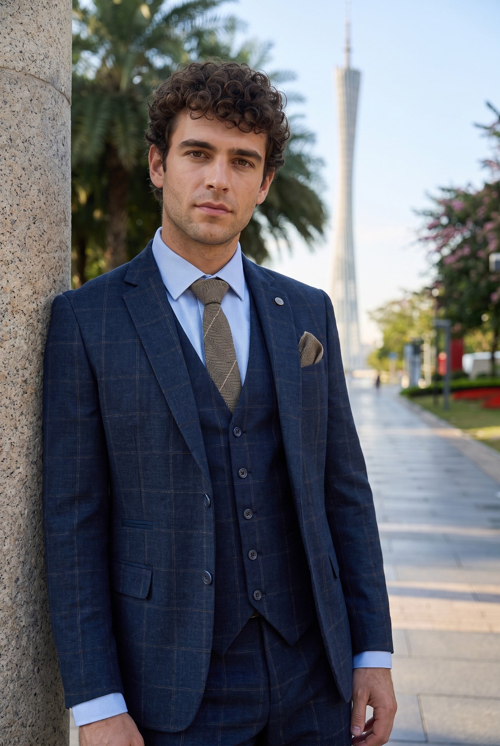 Look #729 styled with Miesten kolmiosainen villainen tweedpuku tummansininen ruskea ruutukuvio 1920-luvun Gatsby