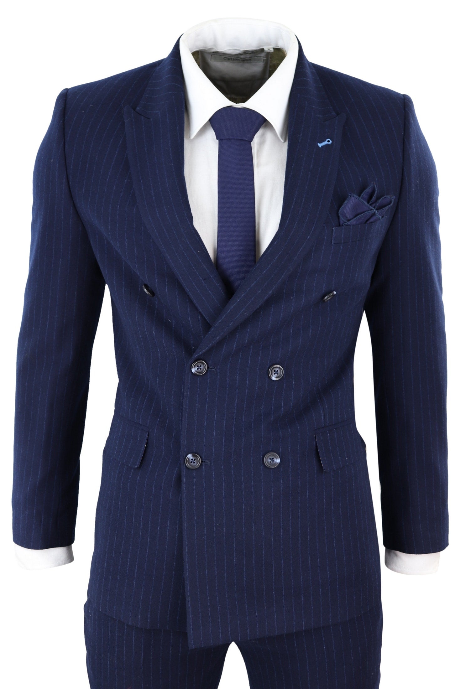 Tummansininen pinstripe-kaksirivinen mafiapuku