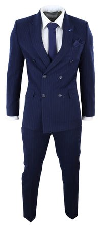 Tummansininen pinstripe-kaksirivinen mafiapuku