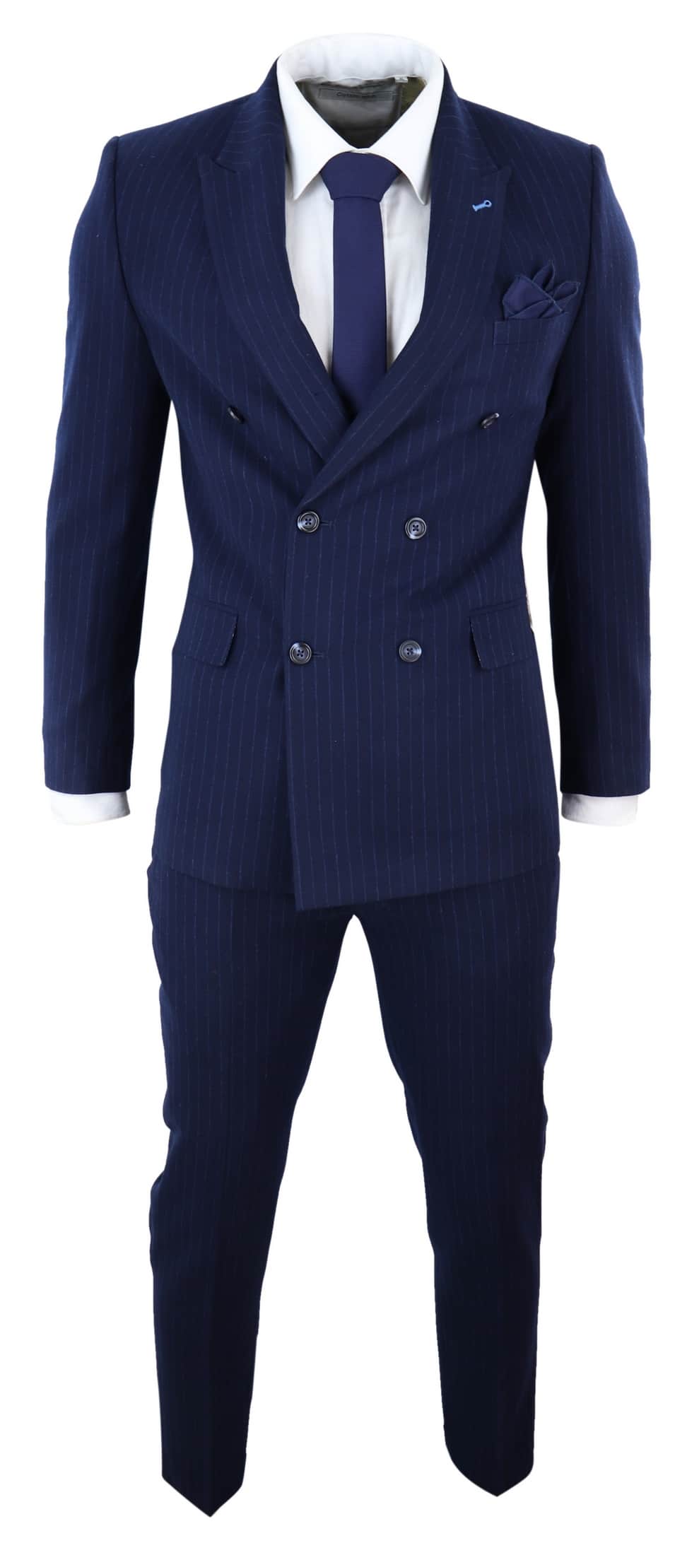 Tummansininen pinstripe-kaksirivinen mafiapuku
