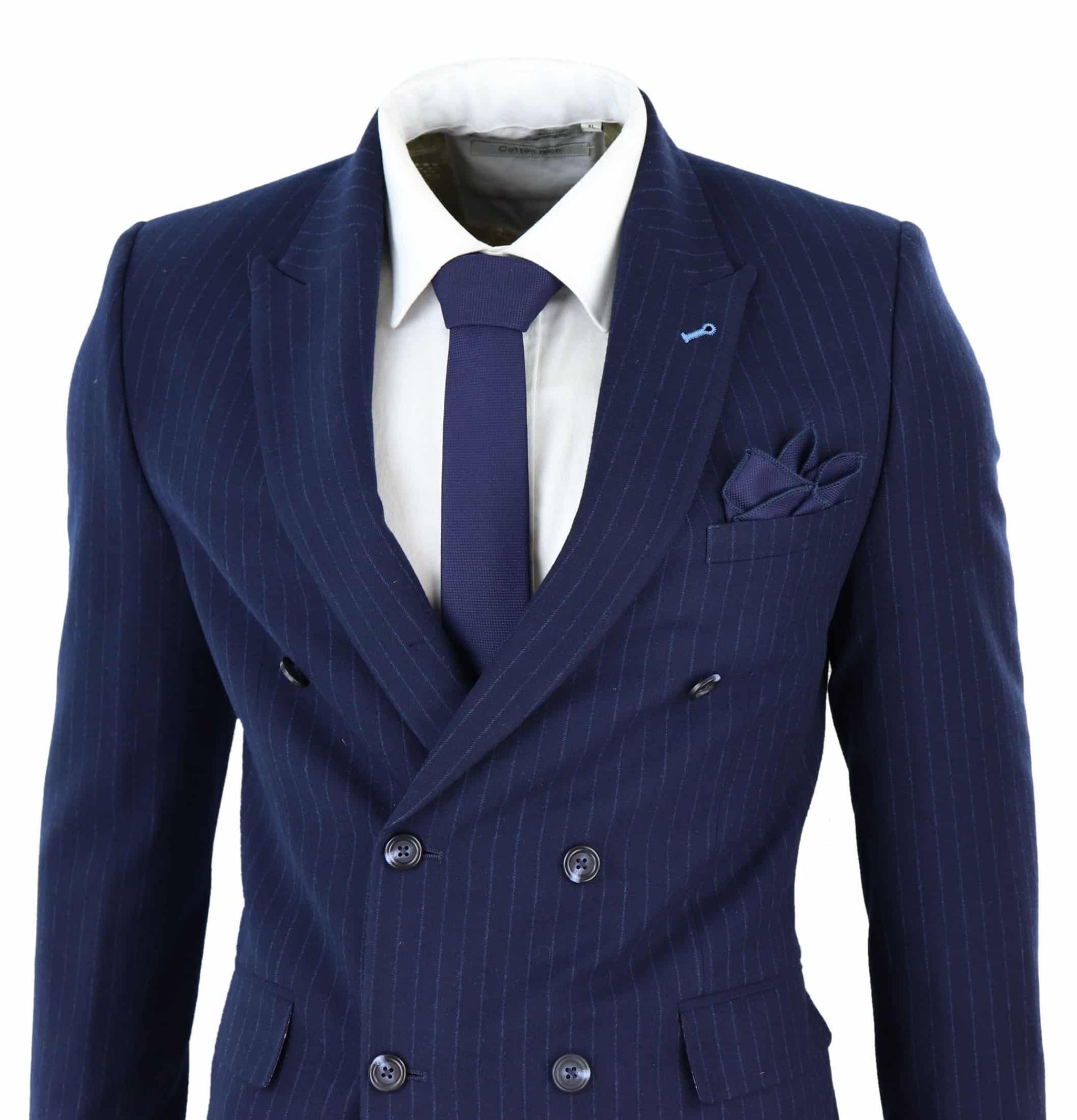 Tummansininen pinstripe-kaksirivinen mafiapuku