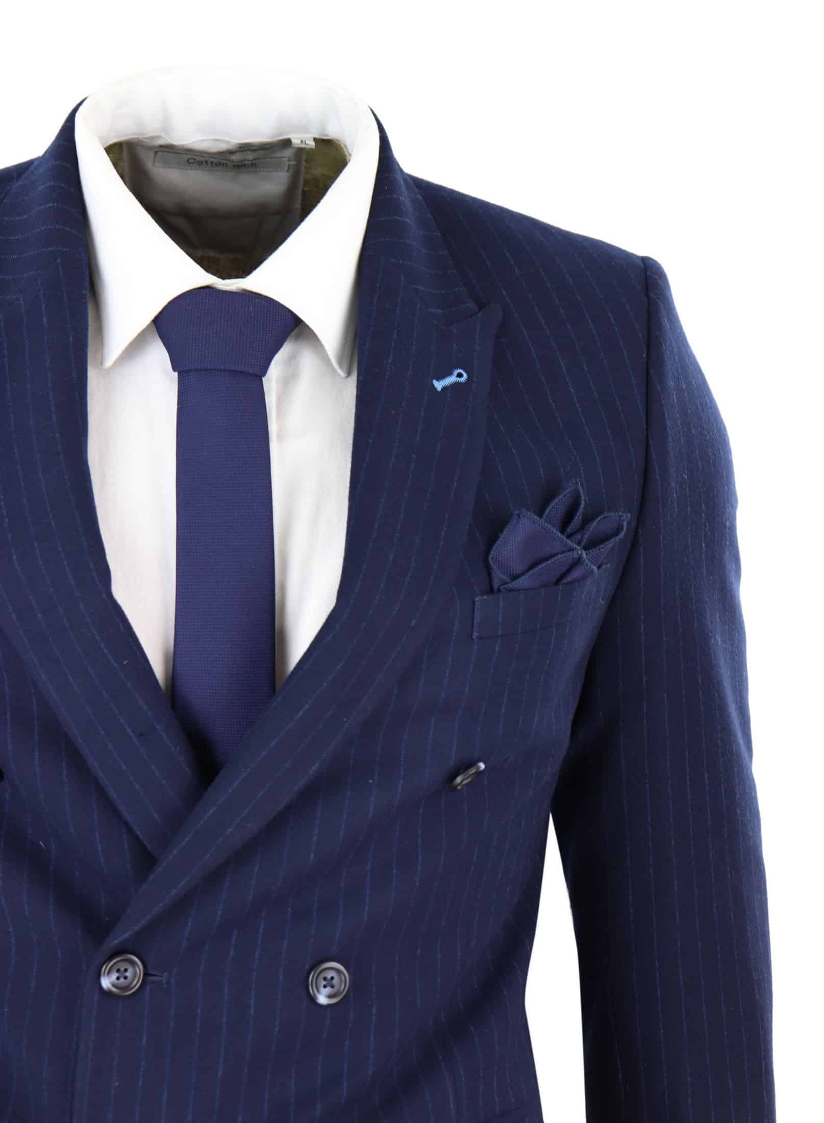 Tummansininen pinstripe-kaksirivinen mafiapuku