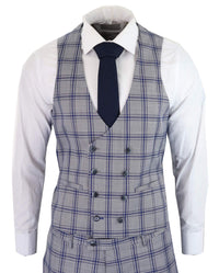 Miesten harmaansininen ruutukuvioinen kolmiosainen puku