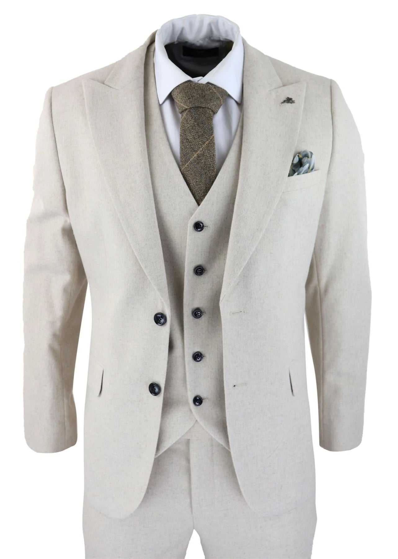 Miesten villainen kolmiosainen kermanvärinen beige puku, kapea istuvuus, klassinen hääpuku, juhla, vintage 1920-luku