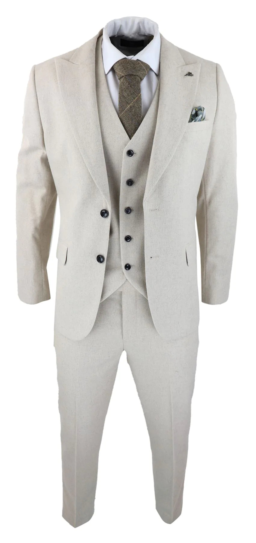 Miesten villainen kolmiosainen kermanvärinen beige puku, kapea istuvuus, klassinen hääpuku, juhla, vintage 1920-luku