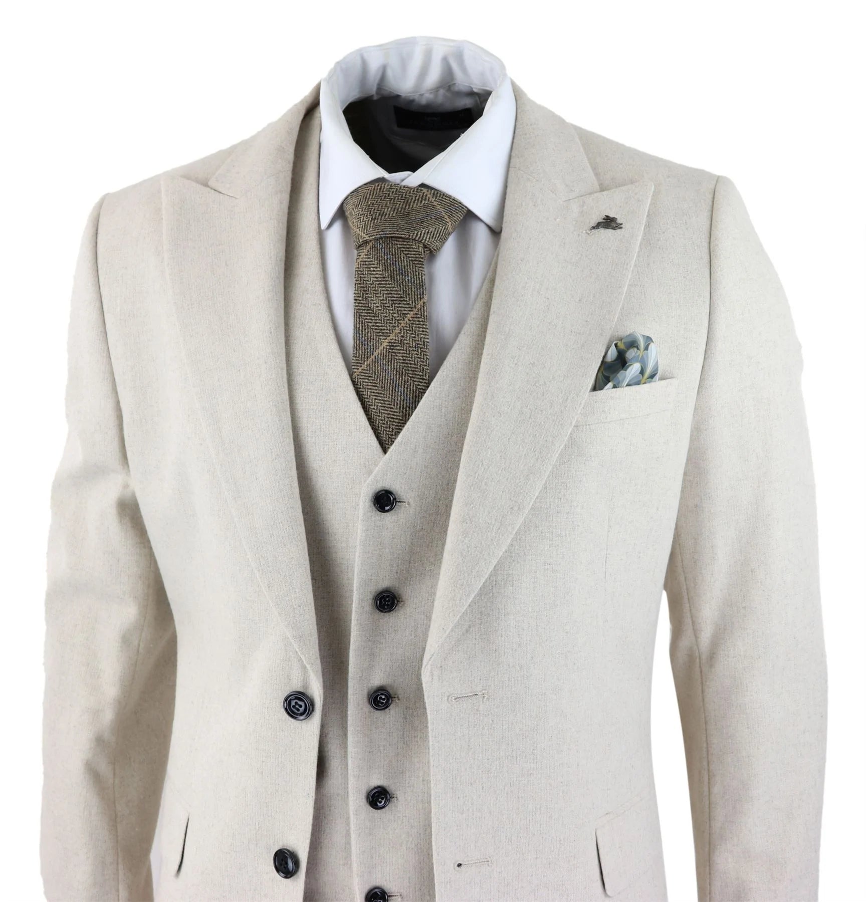 Miesten villainen kolmiosainen kermanvärinen beige puku, kapea istuvuus, klassinen hääpuku, juhla, vintage 1920-luku