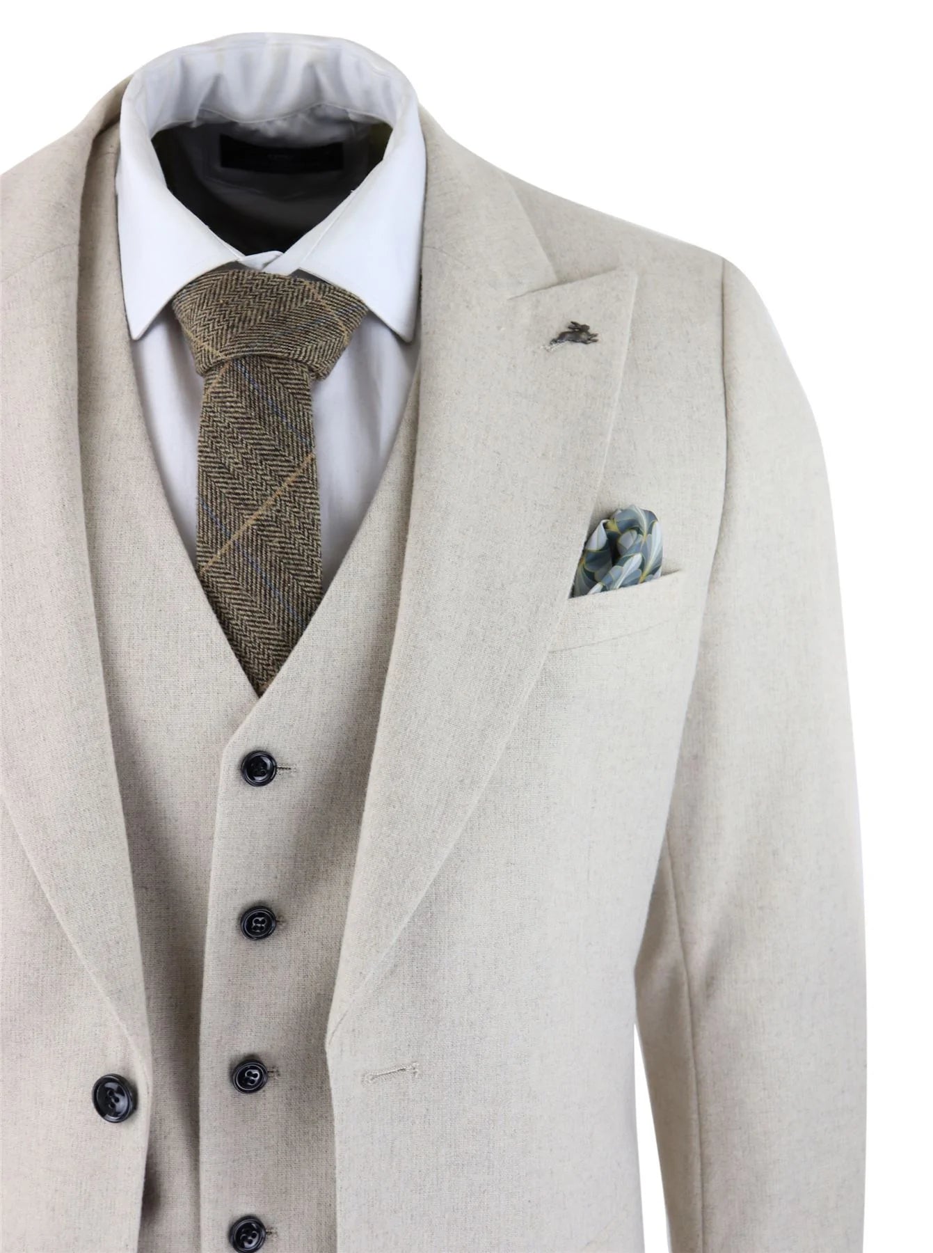 Miesten villainen kolmiosainen kermanvärinen beige puku, kapea istuvuus, klassinen hääpuku, juhla, vintage 1920-luku