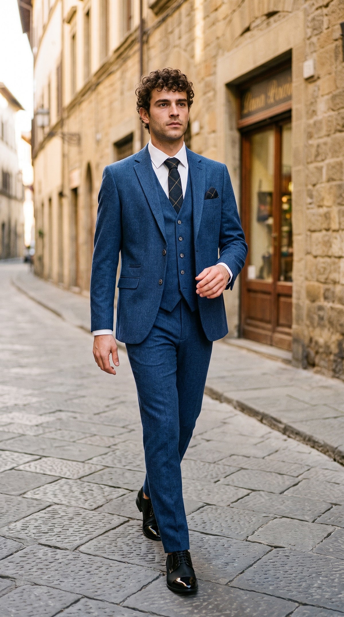 Look #263 styled with Cavani Orson - Sininen twill-kolmiosainen puku