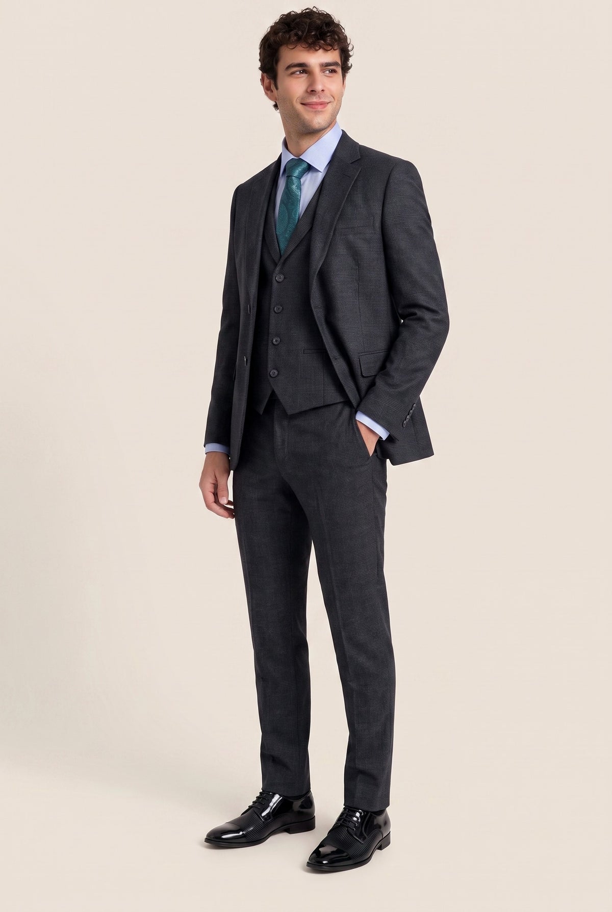 Look #964 styled with Miesten musta ruudullinen kolmiosainen puku