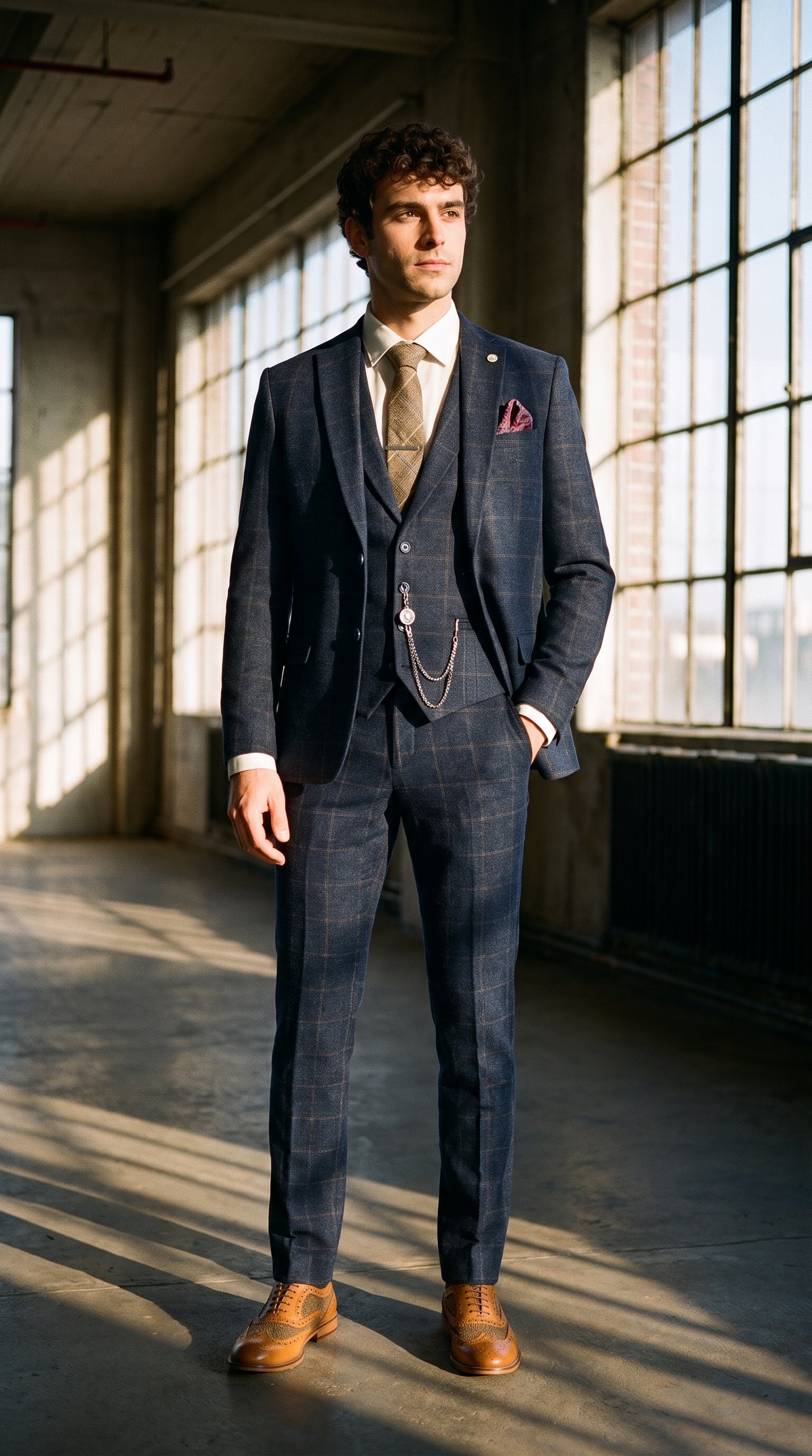 Look #725 styled with Miesten kolmiosainen villainen tweedpuku tummansininen ruskea ruutukuvio 1920-luvun Gatsby