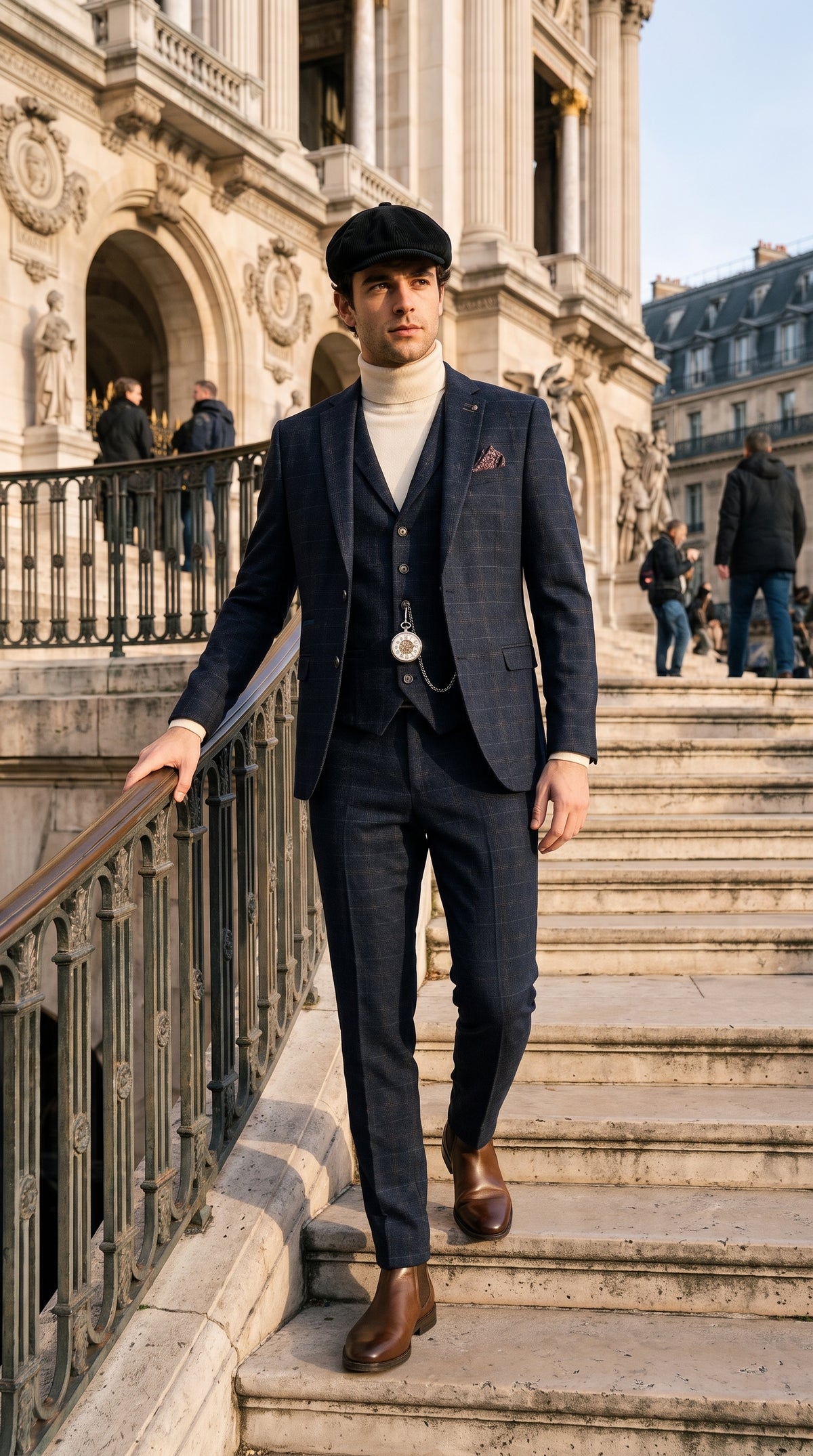 Look #133 styled with Ryan miesten laivastonsininen kolmiosainen tweed-puku, kapea malli