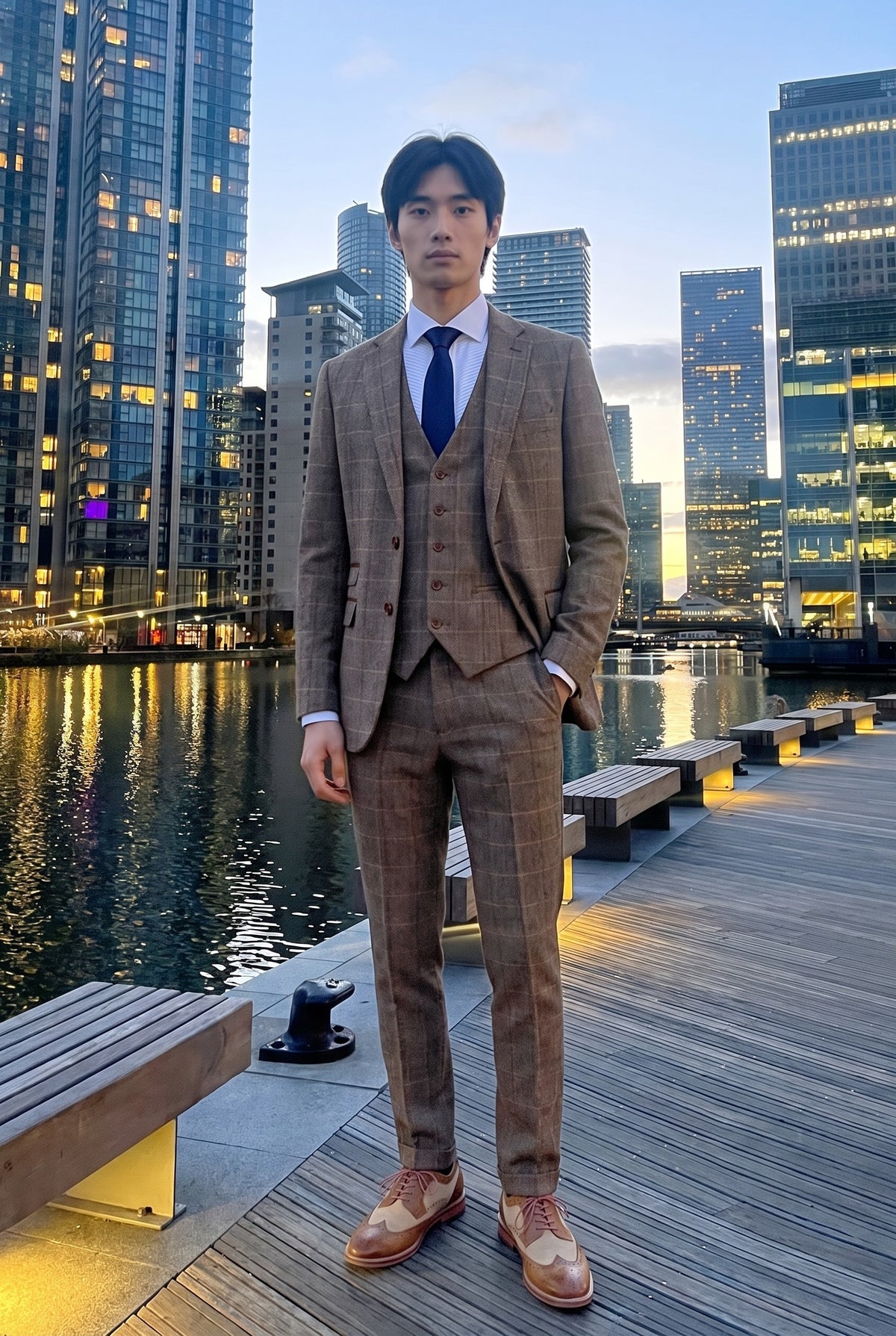 Look #536 styled with Harris - Miesten ruskea kolmiosainen kalanruotokuvioinen tweedpuku