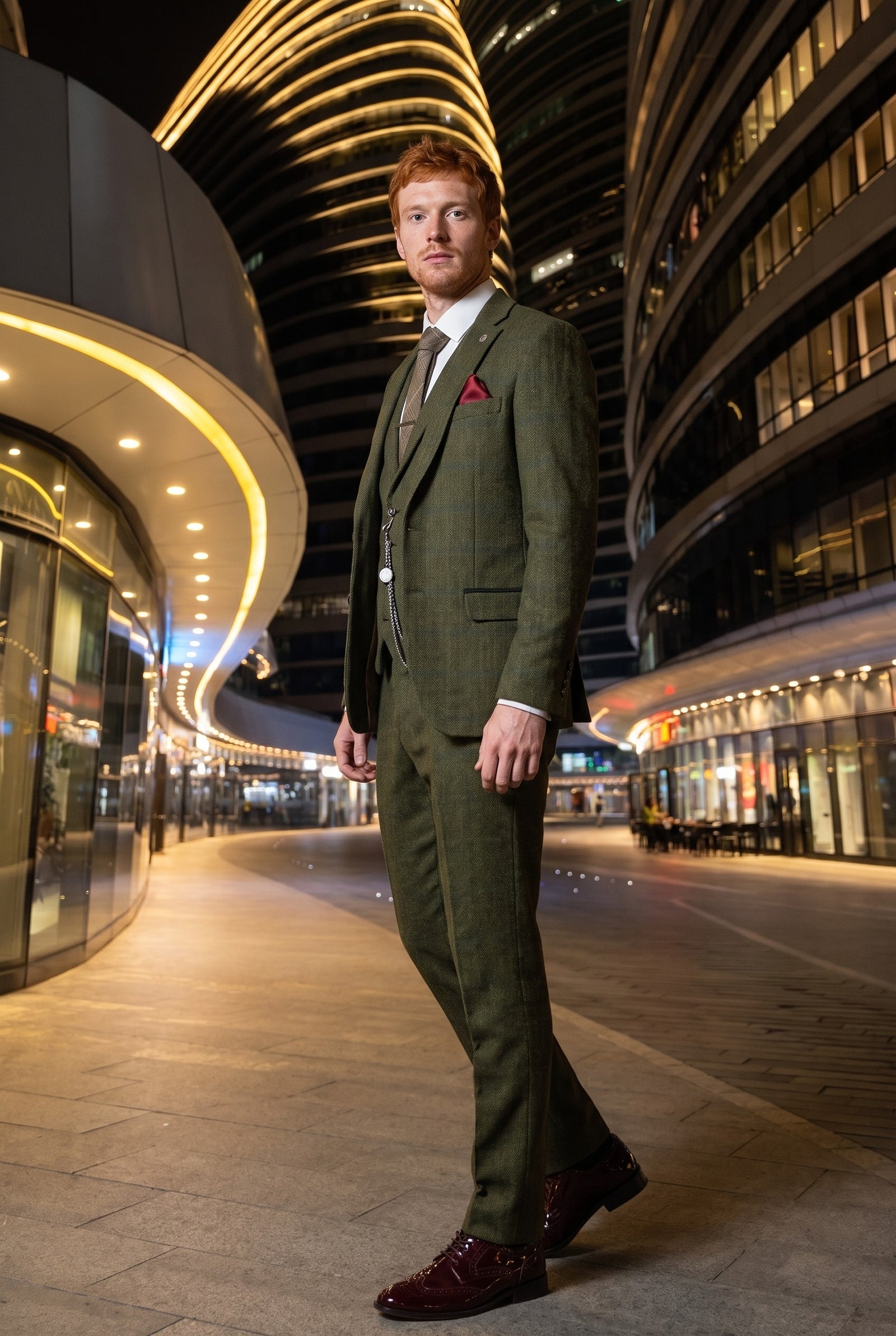 Look #708 styled with Miesten kolmiosainen villainen tweedpuku vihreän ja sinisen värinen ruskean ruudullinen 1920-luvun Gatsby