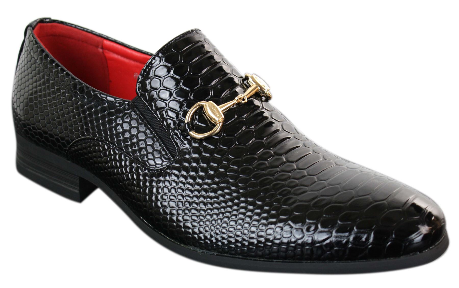 Patron 80058 miesten mustat lakkakengät, kiiltävät slip-on PU-käärmeenmuotoiset krokotiilinnahkaiset kengät, kultainen solki